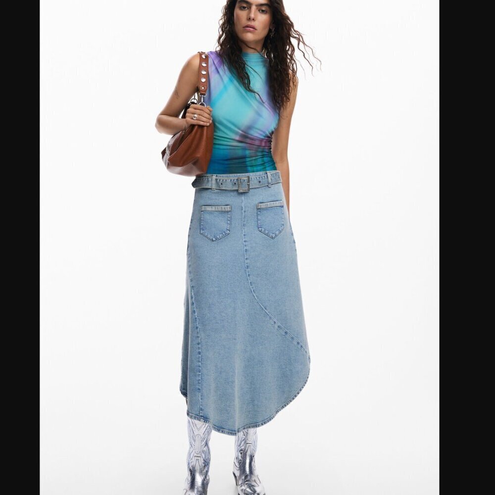 NWT DESIGUAL BLUE ASYMMETRIC FISHTAIL DENIM WESTERN BOHO BELTED MIDI SKIRT US S